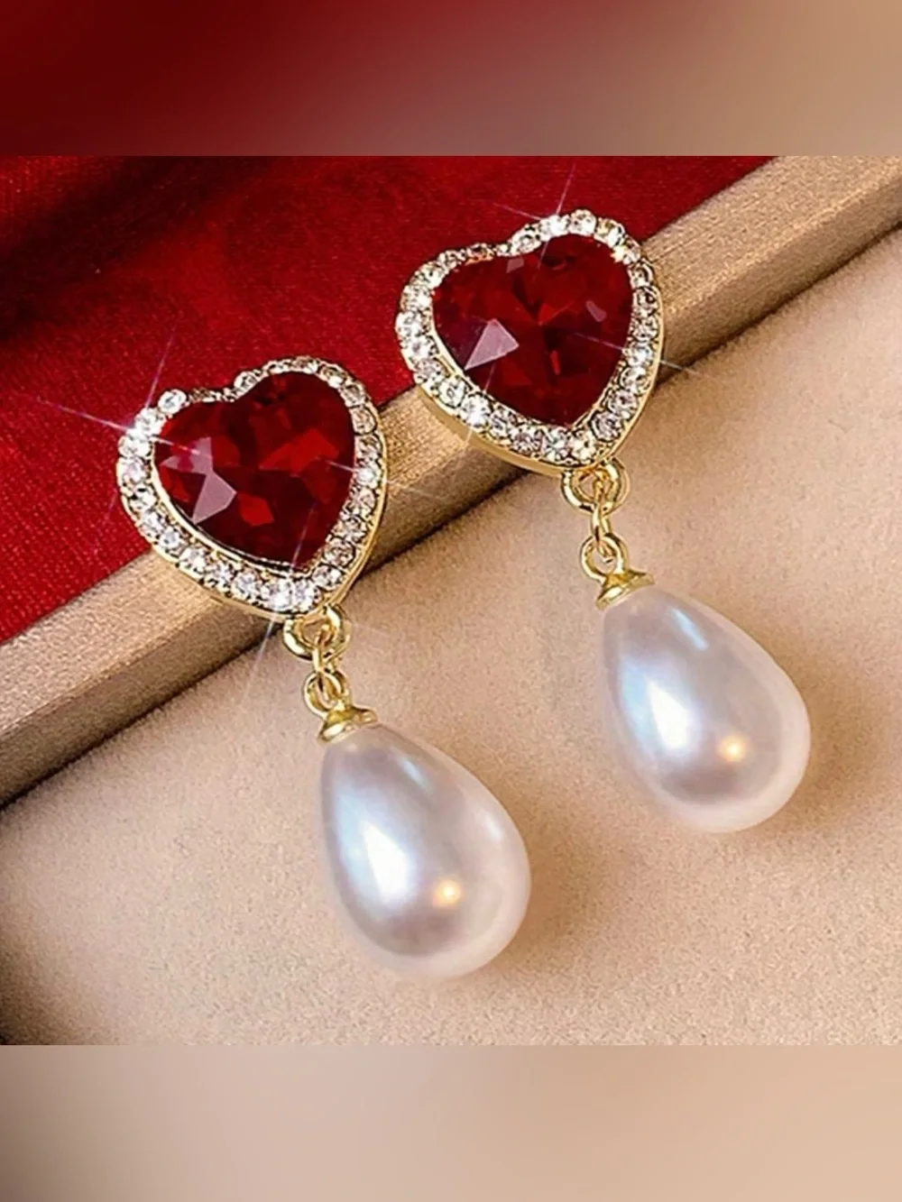 NEW! Elegant Red Heart Drop Pearl Earrings. Victorian Heart Earrings ❤️